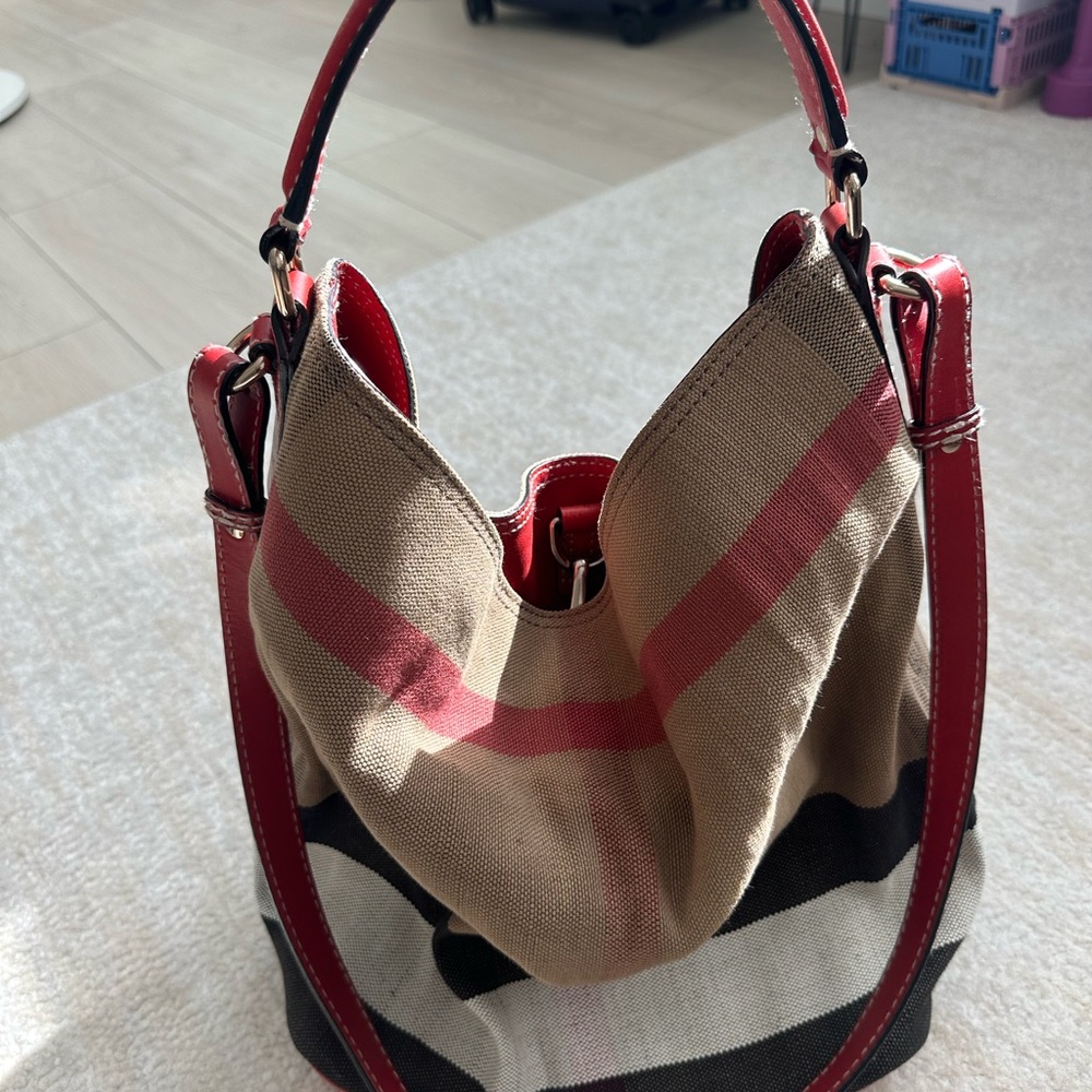 Burberry Tan Canvas Crossbody with Red Trim